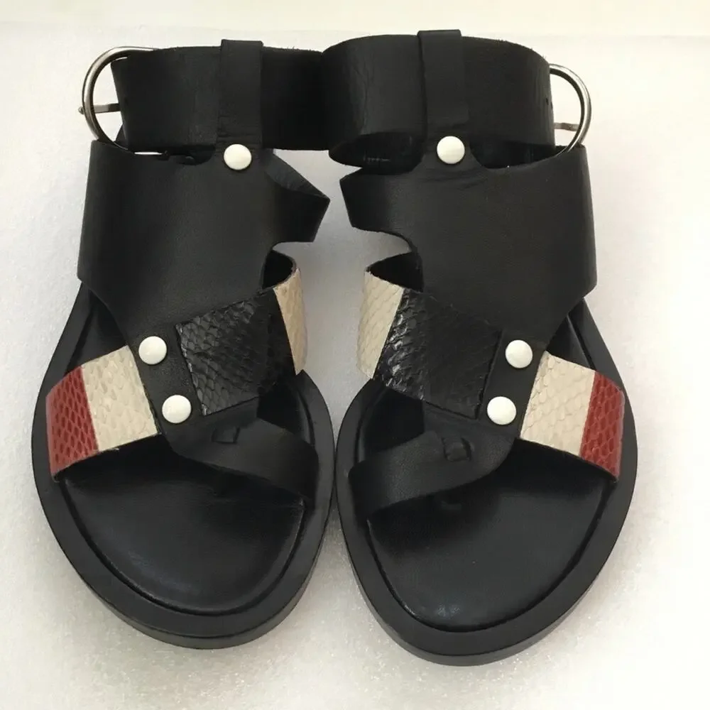 Thakoon Black Leather Sandals with Striped Accent - Picture 2 of 6